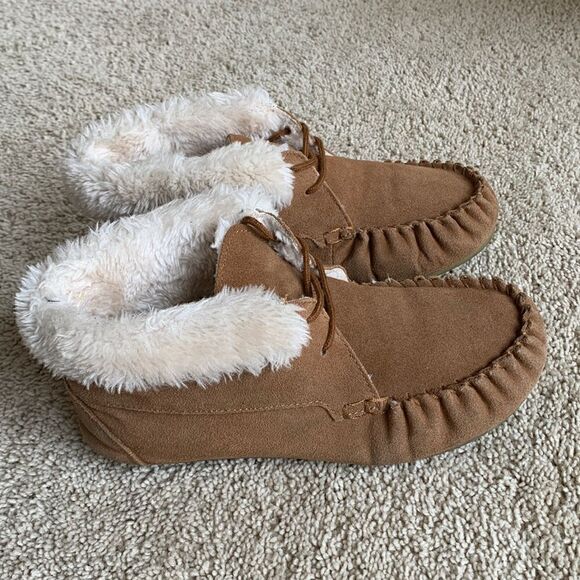 Chestnut brown suede Boots Chrissy moccasin Sherpa Faux Fur Bootie Size 8‎ - Picture 1 of 8